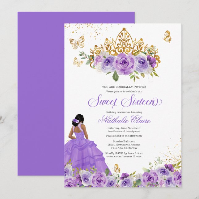 Butterfly Sweet 16 + Purple Watercolor Flowers Inv Invitation (Front/Back)