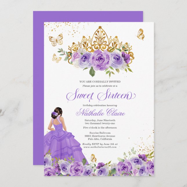 Butterfly Sweet 16 + Purple Watercolor Flowers Invitation (Front/Back)