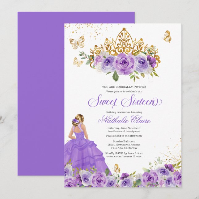 Butterfly Sweet 16 + Purple Watercolor Flowers Invitation (Front/Back)