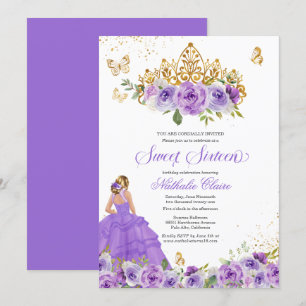Butterfly Sweet 16 + Purple Watercolor Flowers Invitation