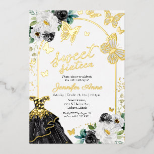 Butterfly Sweet Sixteen Black Dress Gold Foil Invi