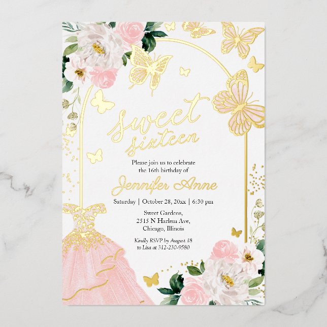 Butterfly Sweet Sixteen Blush Floral Dress Gold (Front)