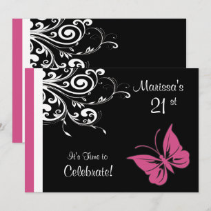 Butterfly Swirls Cranberry Pink Birthday Party Invitation