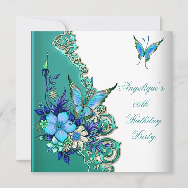 Butterfly Teal Blue Floral Gold White Party Invitation (Front)