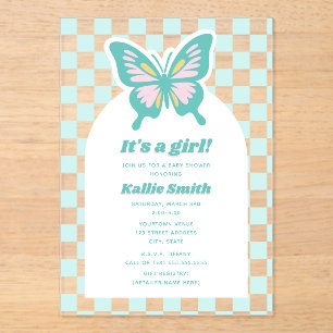Butterfly Teal Chequerboard Girl Baby Shower Acrylic Invitations