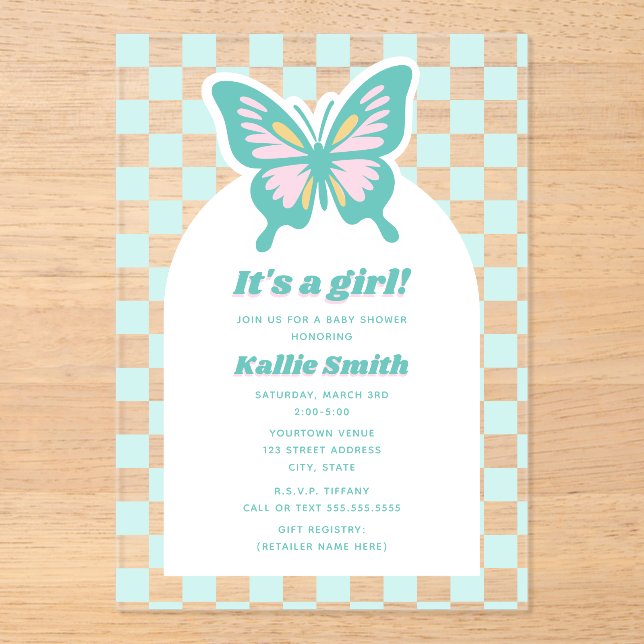 Butterfly Teal Chequerboard Girl Baby Shower Acrylic Invitations (Front)