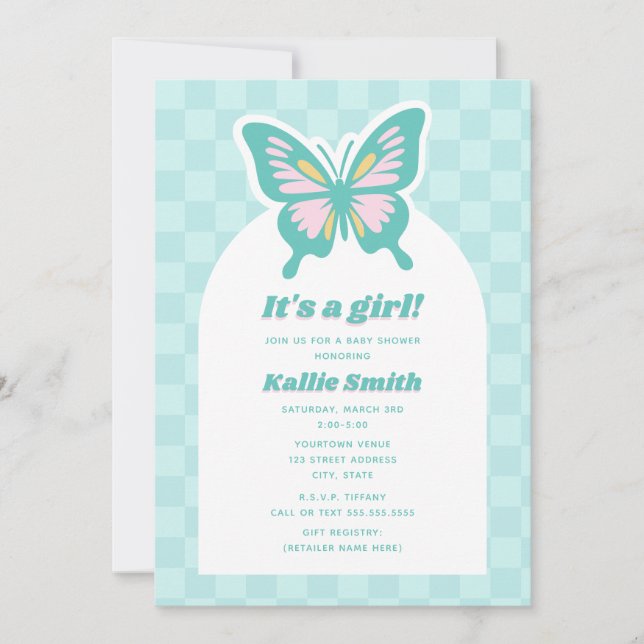 Butterfly Teal Chequerboard Girl Baby Shower Invitation (Front)