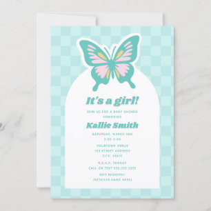 Butterfly Teal Chequerboard Girl Baby Shower Invitation