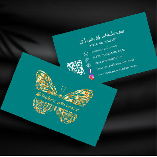 Butterfly teal green gold QR code elegant Business Card