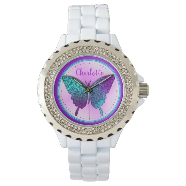 Butterfly Teal Purple Ombre Cute Personalised Watch (Front)