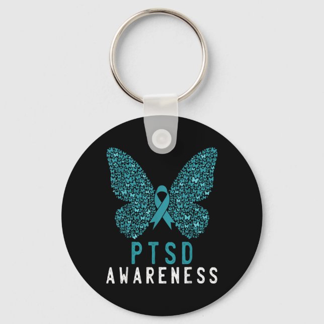 Butterfly Teal Ribbon Rainbow Warrior Ptsd Awarene Key Ring (Front)