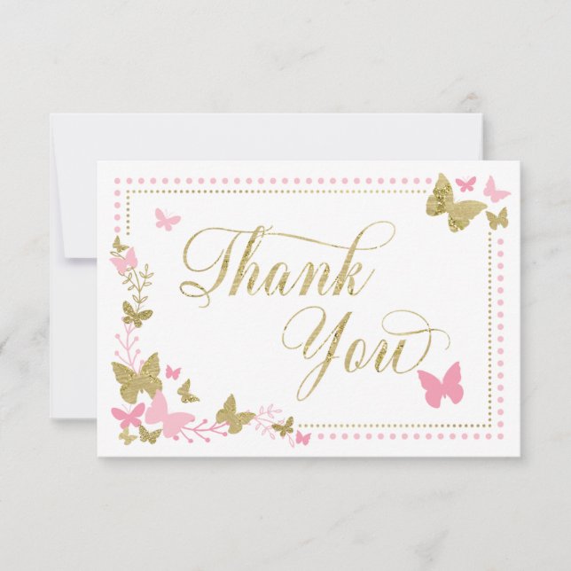 Butterfly Thank You Card, Pink, Faux Gold Card (Front)