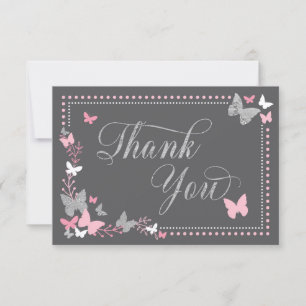 Butterfly Thank You Card, Pink, Faux Silver Card