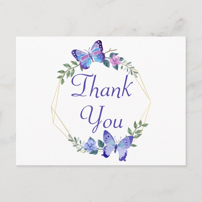 Butterfly Thank You Floral Wreath Blue Butterlies Postcard (Front)