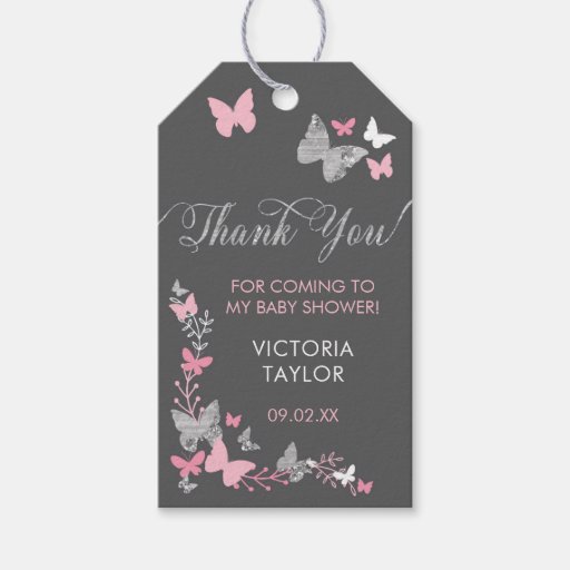 Image of Butterfly Thank You Tag, Pink, Grey Gift Tags