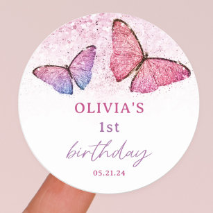 Butterfly Theme 1st Birthday Party Favour Classic Round Sticker