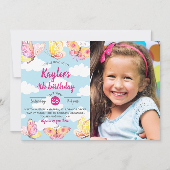 Butterfly Theme Birthday Party Photo Invitation (Front)