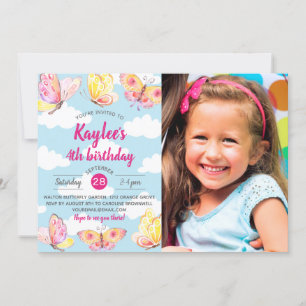 Butterfly Theme Birthday Party Photo Invitation