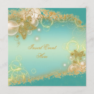 Butterfly theme gold teal elegant invitation