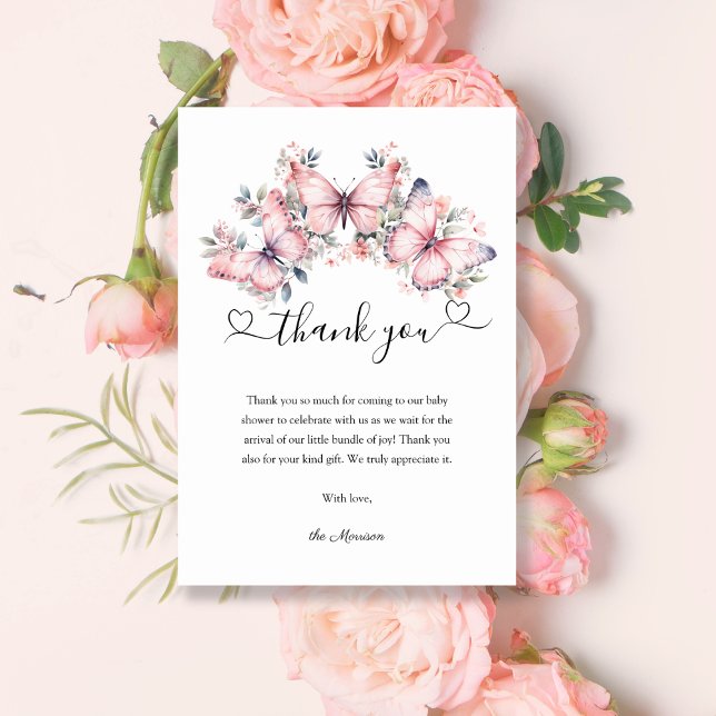 Butterfly Theme Pink Watercolor Baby Shower Thank You Card (Creator Uploaded)