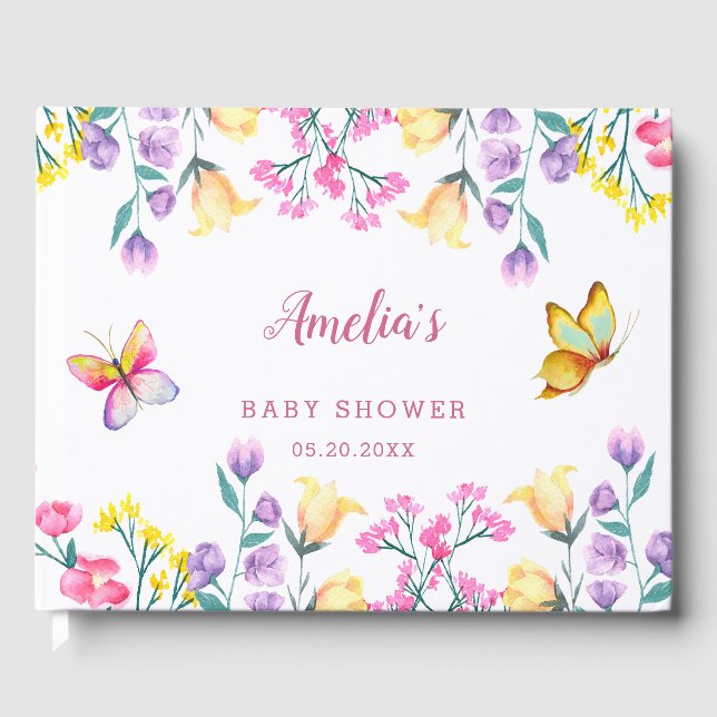 Butterfly Theme Spring Floral Garden Baby Shower Guest Book (Front)