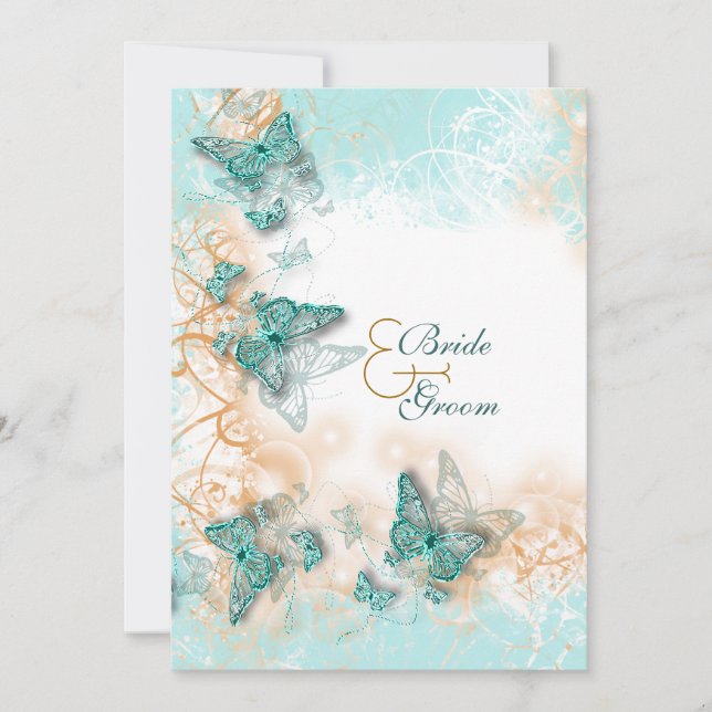 Butterfly theme wedding aqua gold invitation (Front)