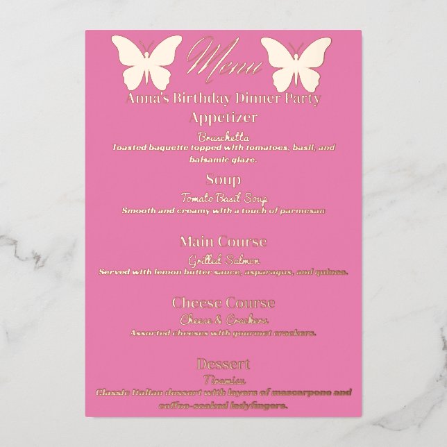 Butterfly-Themed Birthday Dinner Party Menu (Front)
