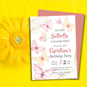Butterfly themed cute modern bliss 3rd birthday invitation