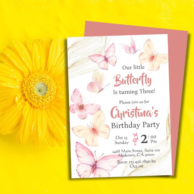Butterfly themed cute modern bliss 3rd birthday  invitation (Front/Back )