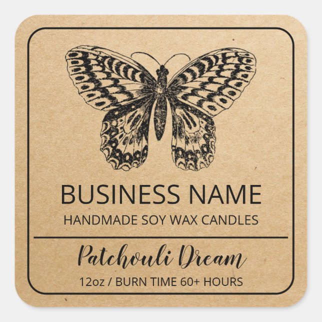 Butterfly Themed Kraft Paper Soy Candle Labels (Front)