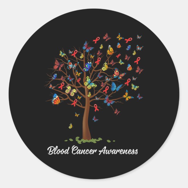 Butterfly Tree Beautiful Red Ribbon Blood Cancer A Classic Round Sticker (Front)