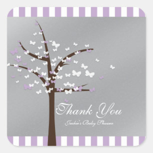 Butterfly Tree Lavender & Grey Baby Shower Sticker