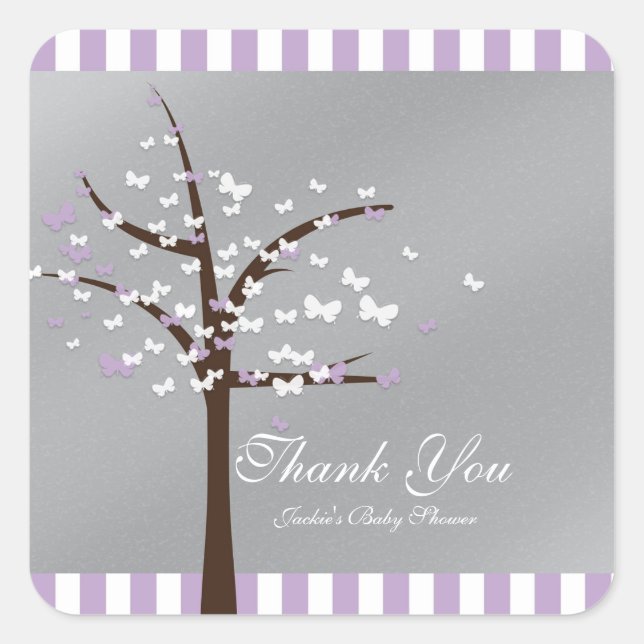 Butterfly Tree Lavender & Grey Baby Shower Sticker (Front)