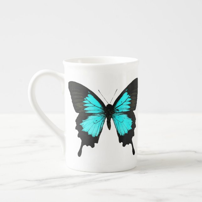 Butterfly - turquoise blue and black bone china mug (Left)