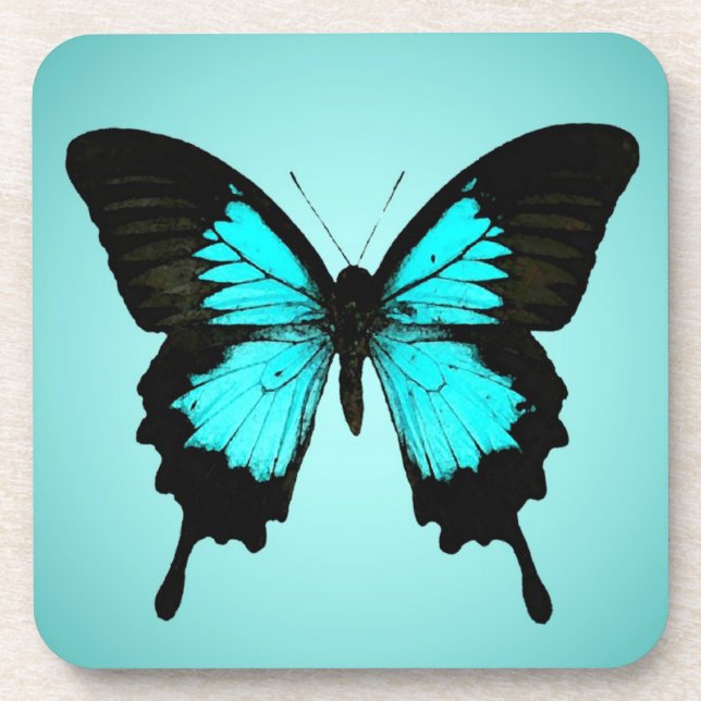 Butterfly - turquoise blue and black coaster (Front)