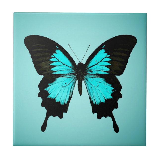 Butterfly - turquoise blue and black tile (Front)