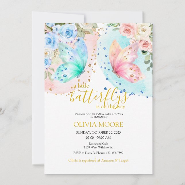 Butterfly  twins baby shower invitation (Front)