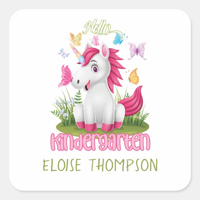Butterfly Unicorn Kindergarten Back to School  Square Sticker (Front)