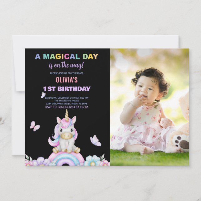 Butterfly Unicorns Birthday Invitations with photo (Front)