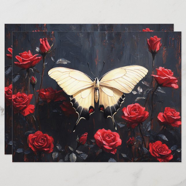 Butterfly Vibrant Red Roses Scrapbook Paper (Front/Back)