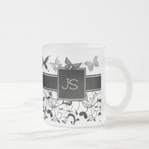 Butterfly Victorian Flourish Black White Frosted Glass Coffee Mug