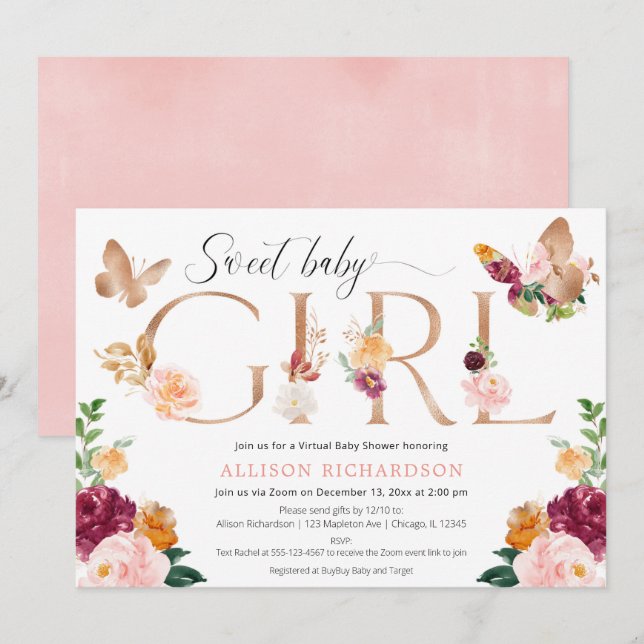 Butterfly Virtual baby shower pink burgundy floral Invitation (Front/Back)
