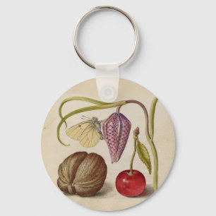 Butterfly Walnut Flower and cherry Watercolor Key Ring