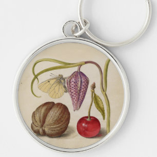 Butterfly Walnut Flower and cherry Watercolor Key Ring