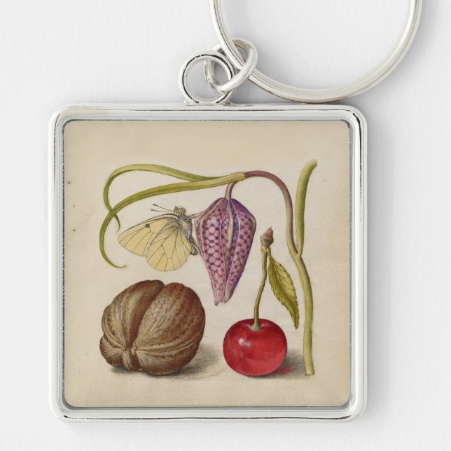 Butterfly Walnut Flower and cherry Watercolor Key Ring (Front)