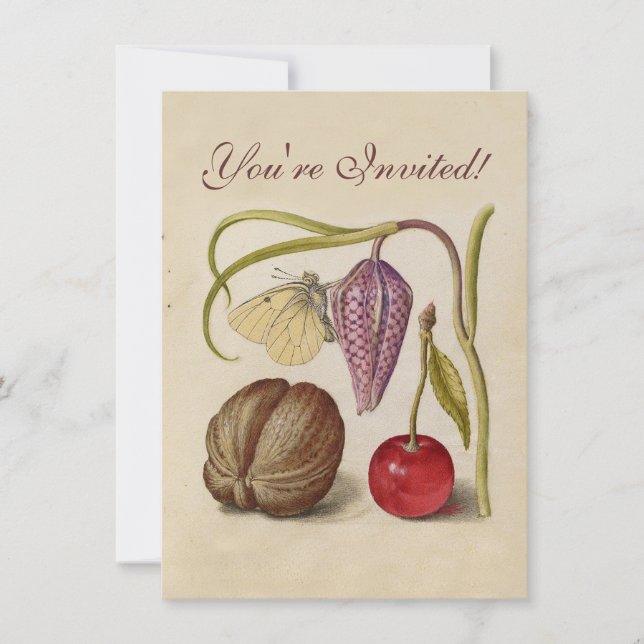 Butterfly Walnut Flower Cherry Watercolor Art Invitation (Front)