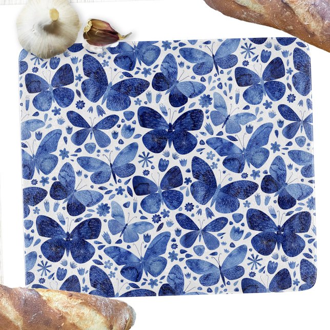 Butterfly Watercolor Blue and White Cutting Board (Blue and white watercolor butterfly pattern art cutting board)