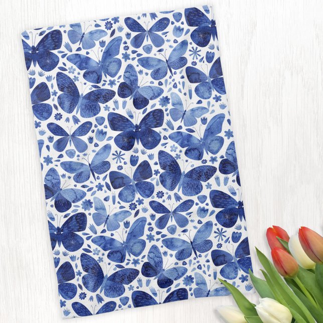 Butterfly Watercolor Blue and White Tea Towel (Indigo navy blue and white watercolor butterfly pattern kitchen towel)