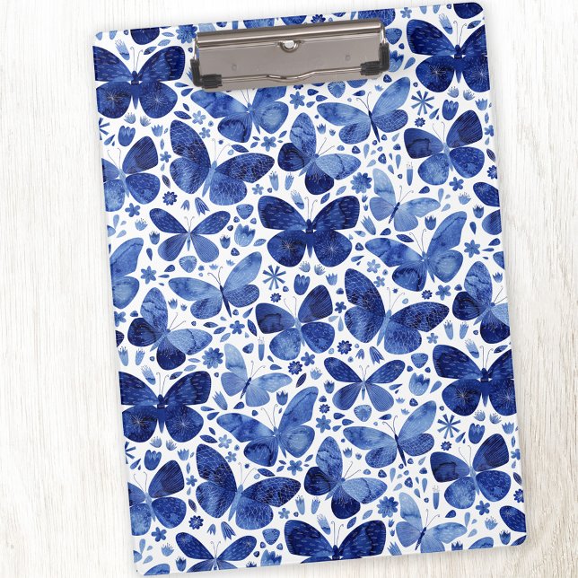 Butterfly Watercolor Blue Clipboard (Indigo blue watercolor butterfly pattern clipboard)