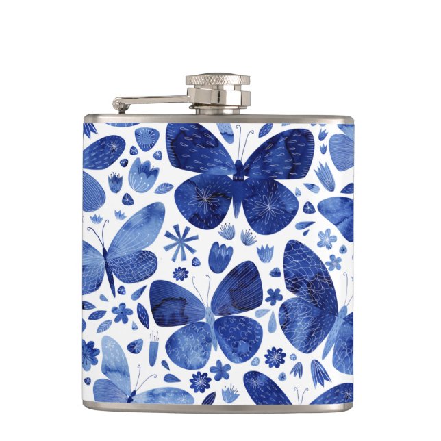 Butterfly Watercolor Blue Hip Flask (Front)